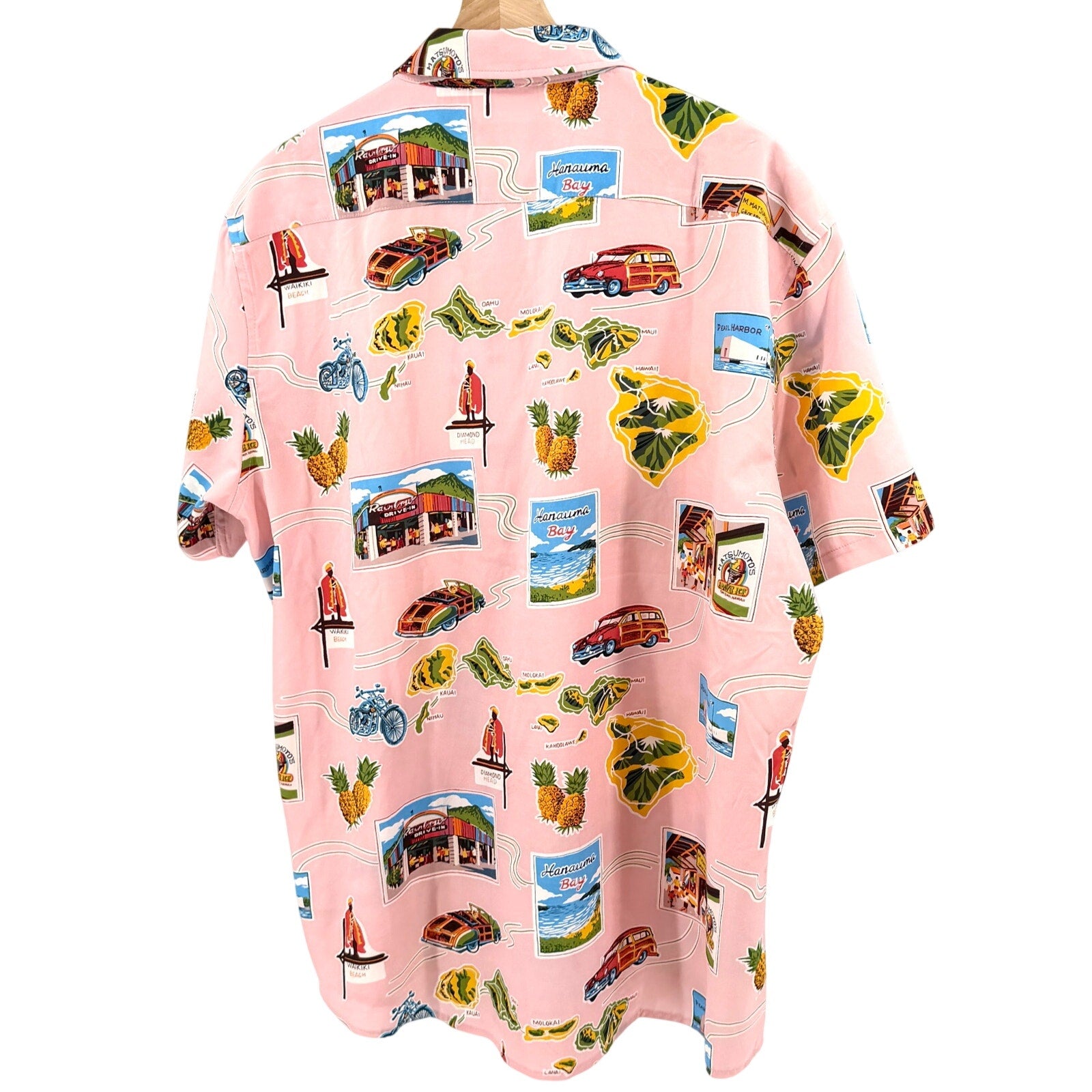 Cotton & Co. Pastel Pink Hawaii Map Souvenir Motif Short Sleeve Button Up Shirt