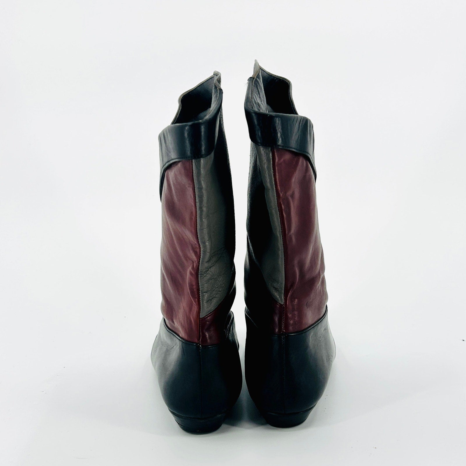 Vintage 80s Colorblock Burgundy Gray Black Leather Mid-Calf Boots