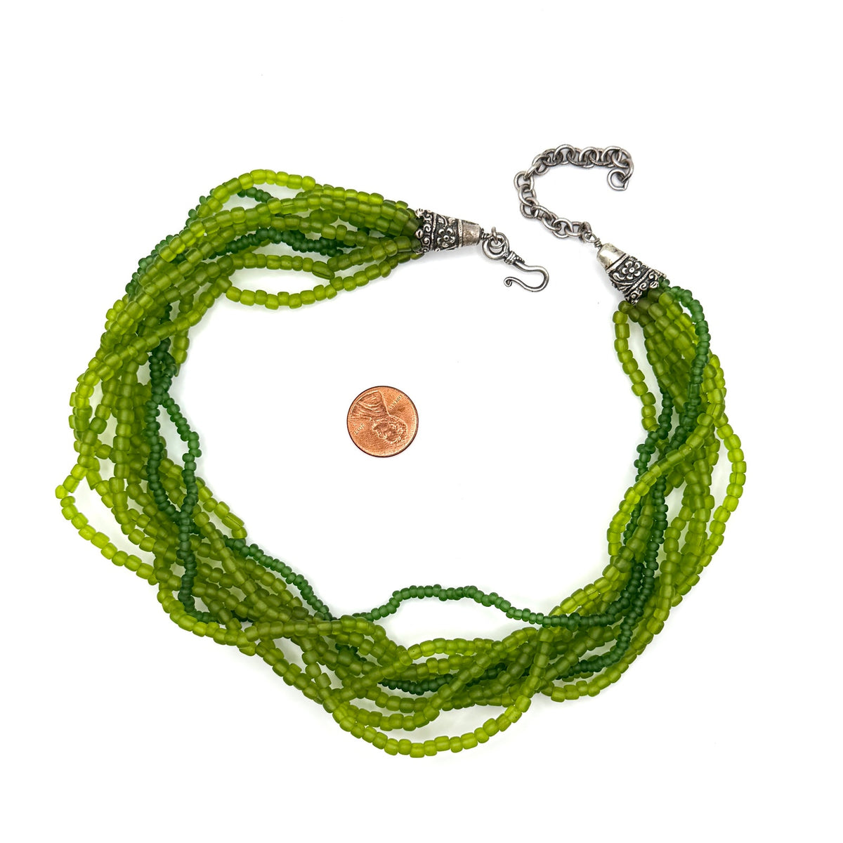 Vintage 90s Green Frosted Glass Multi Strand Chandelier Necklace
