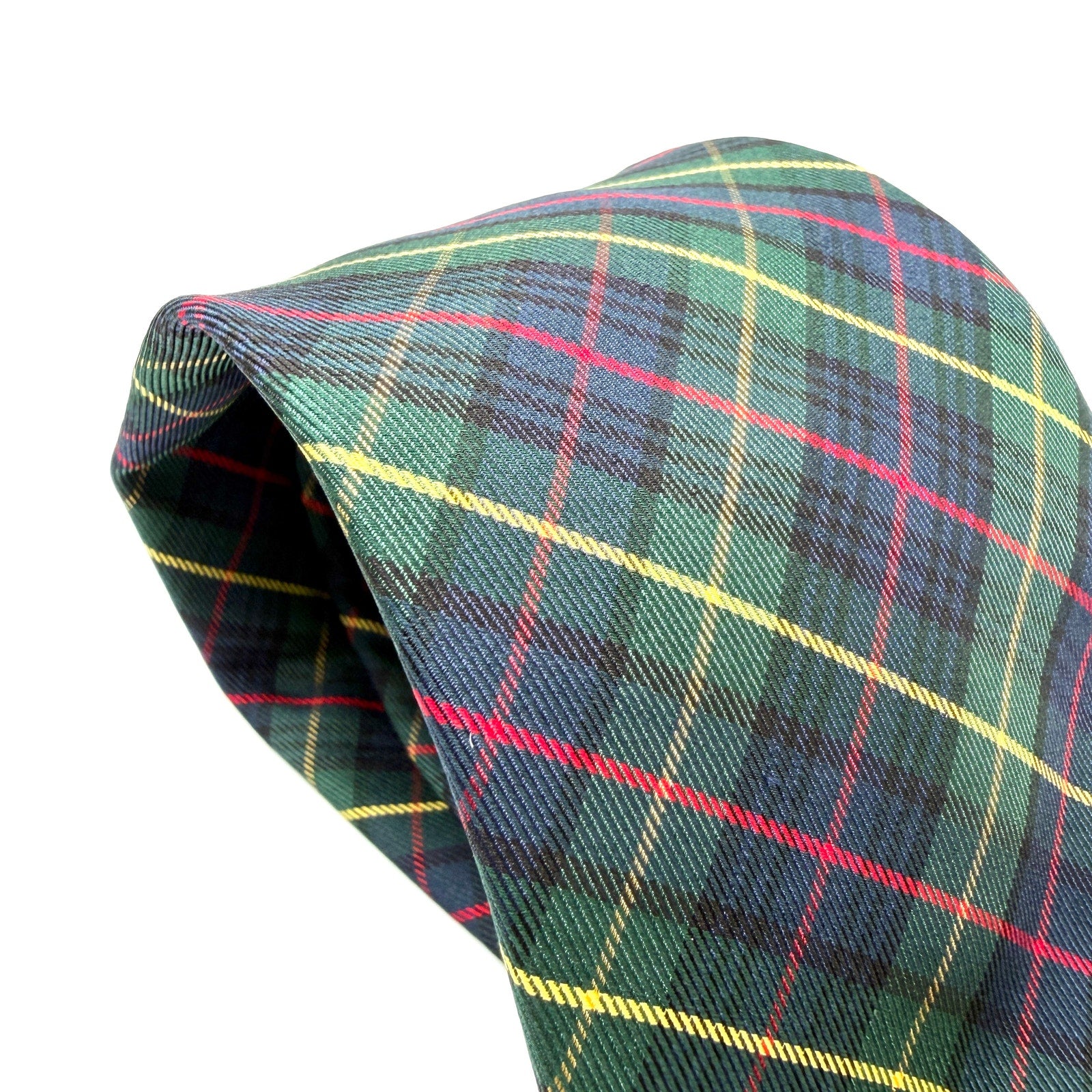 Vintage 90s Land's End 100% Silk Green Navy Tartan Plaid Necktie