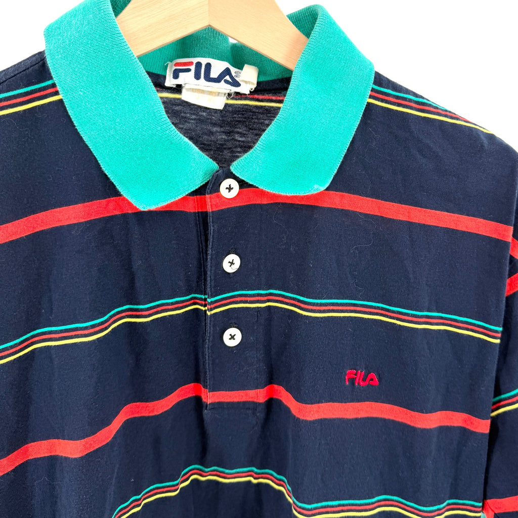 Vintage 80s Fila Navy Blue Teal Striped Cotton Polo Shirt
