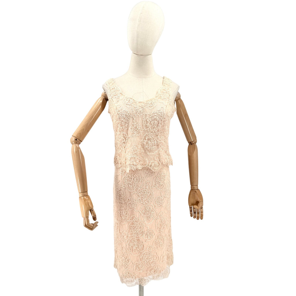 Vintage 90s Albert Nipon Evening Blush Pink Lace Skirt Blouse Set