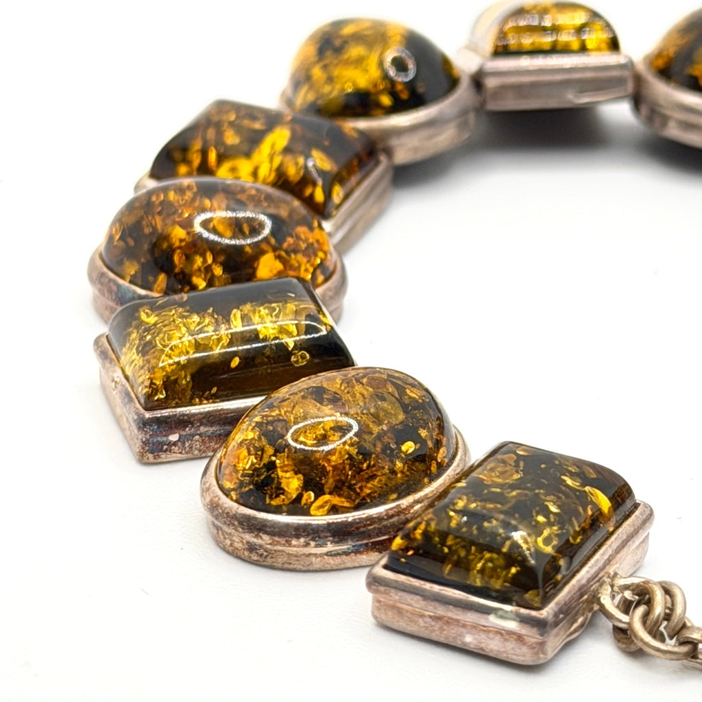 Vintage 90s Stamped Sterling Silver Green Amber Oval Rectangle Link Bracelet