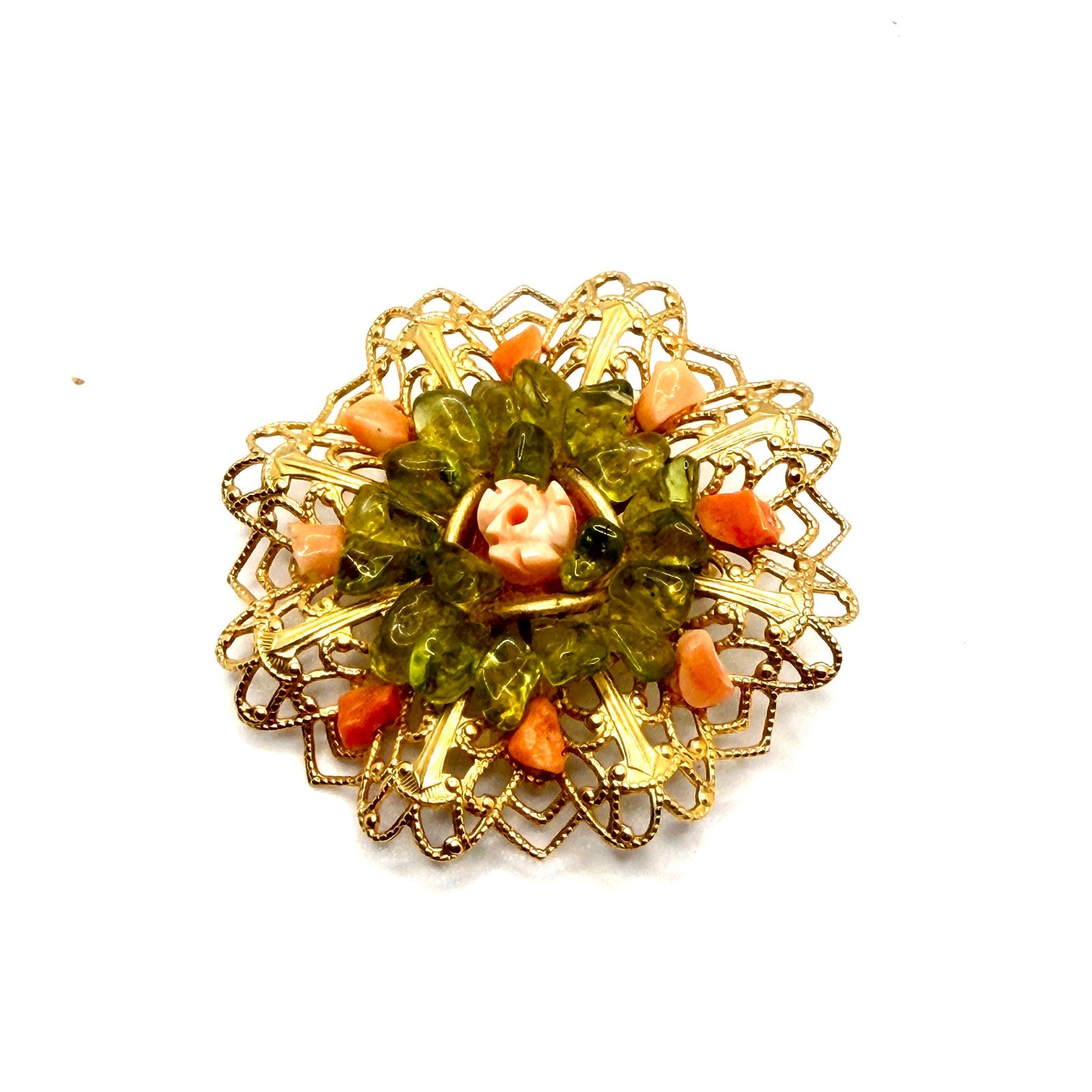 Vintage 70s Gold Filigree Green Peridot Pink Coral Carved Rose Floral Brooch
