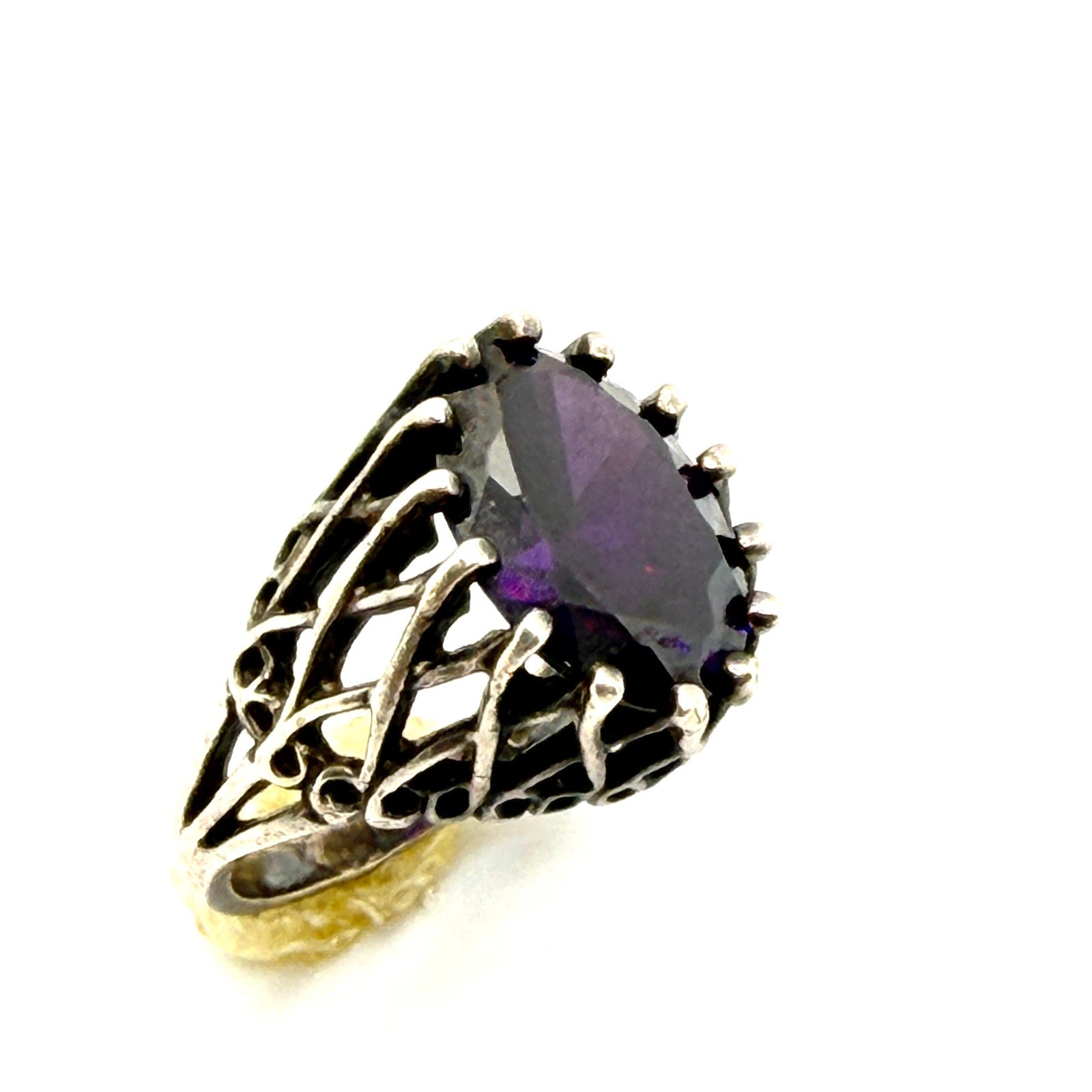 Vintage 70s Stamped Sterling Silver Amethyst Filigree Cocktail Statement Ring