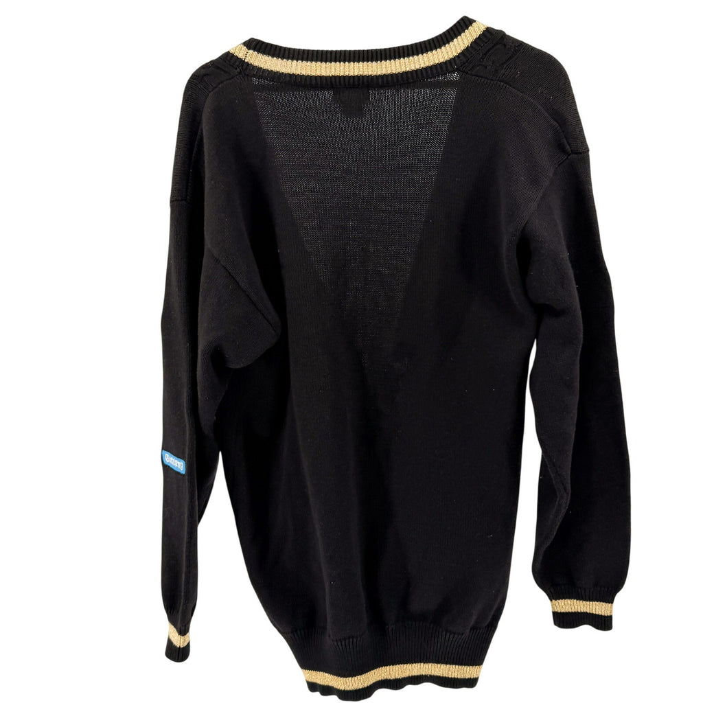 Vintage 80s Kinei Black Knit Travel Patch Gold Trim Varsity Cardigan Sweater