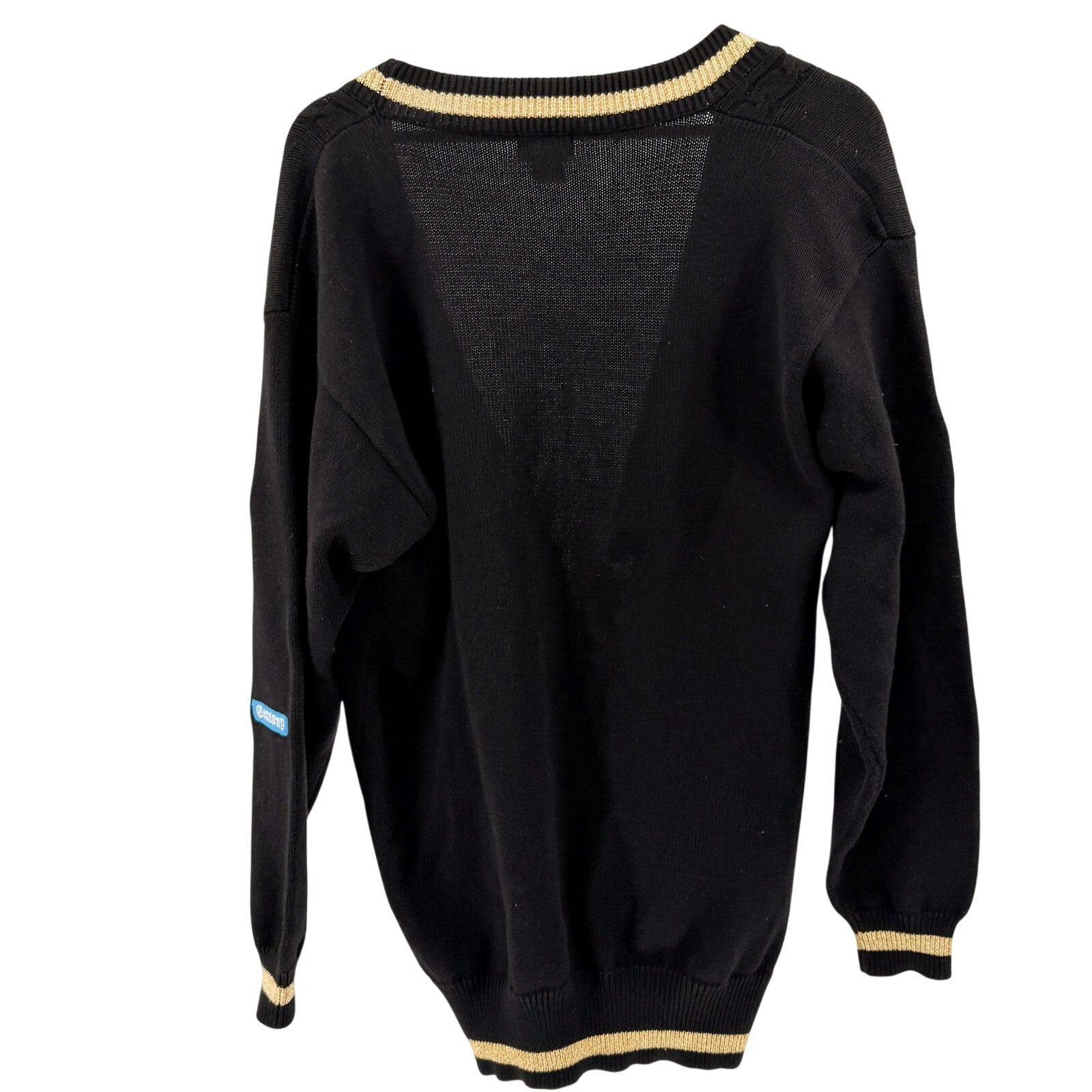 Vintage 80s Kinei Black Knit Travel Patch Gold Trim Varsity Cardigan Sweater