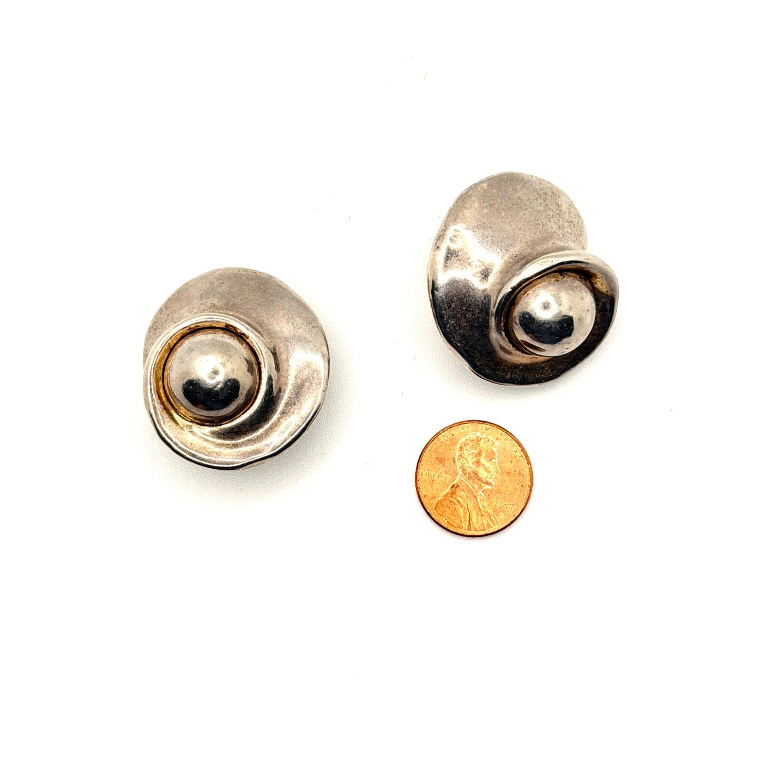 Vintage 90s Stamped Sterling Silver Israel Modernist Hollow Clip On Earrings