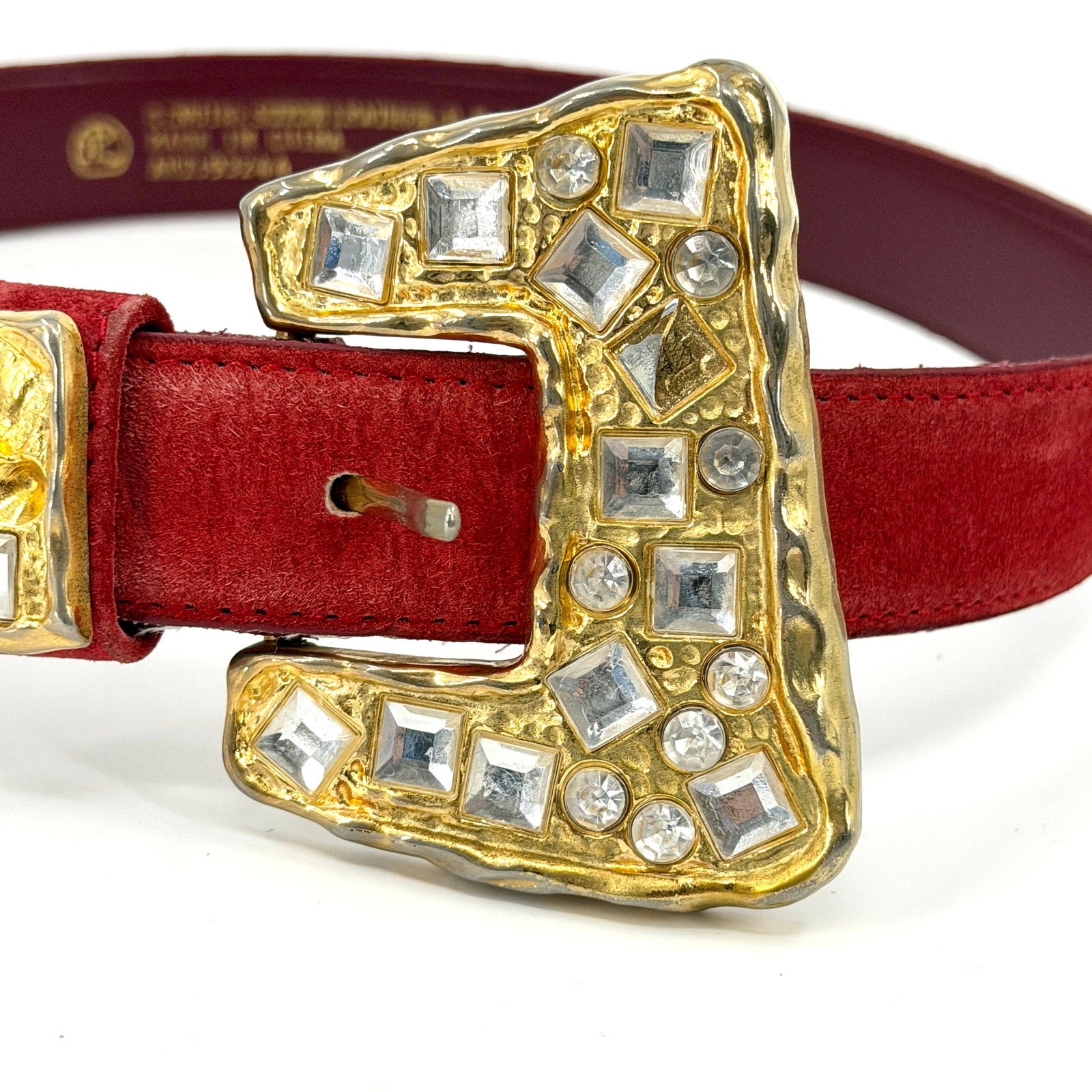 Vintage 90s Red Genuine Suede Rhinestone Buckle Statement Belt