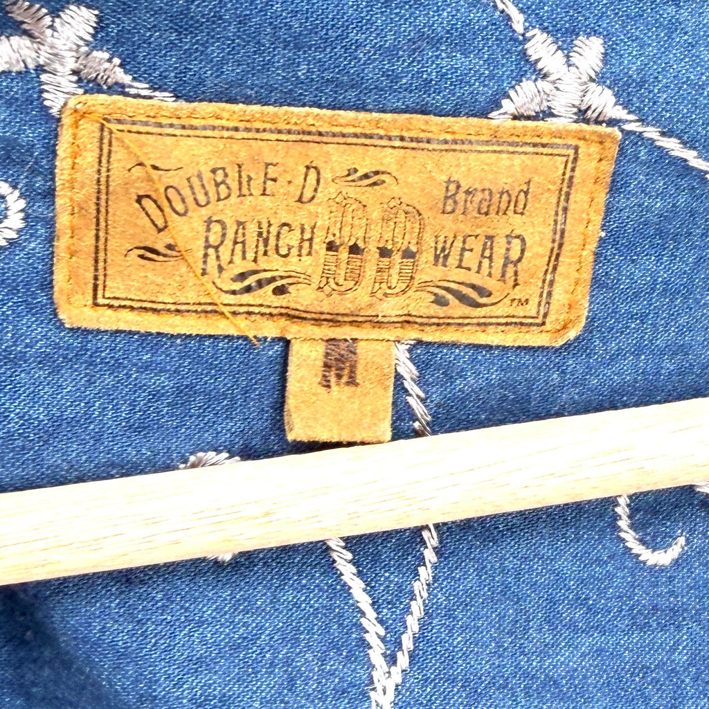 Vintage 90s Double D Ranch Blue 100% Cotton Denim Embroidered Peasant Maxi Dress