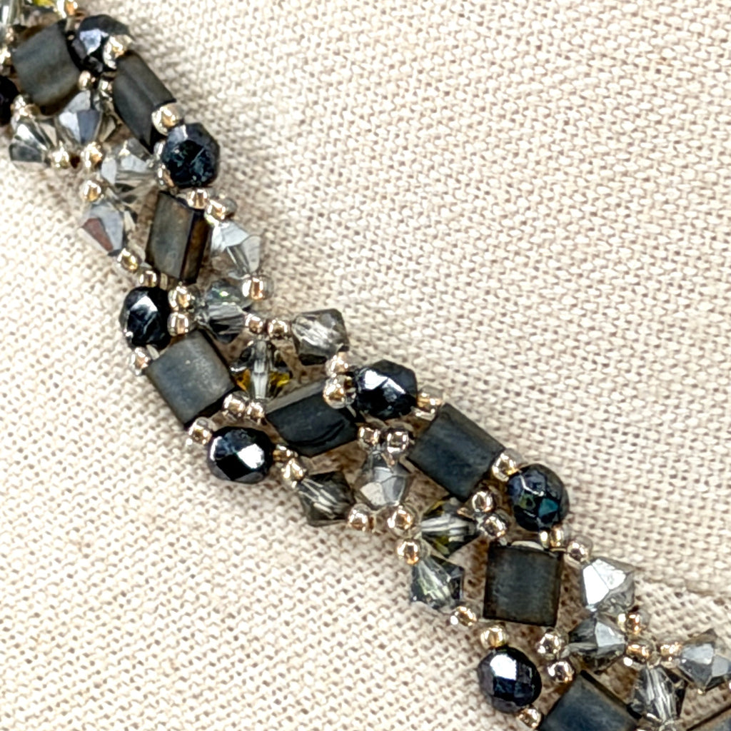 Vintage 90s Black Crystal Hand Beaded V Shape Statement Choker Necklace