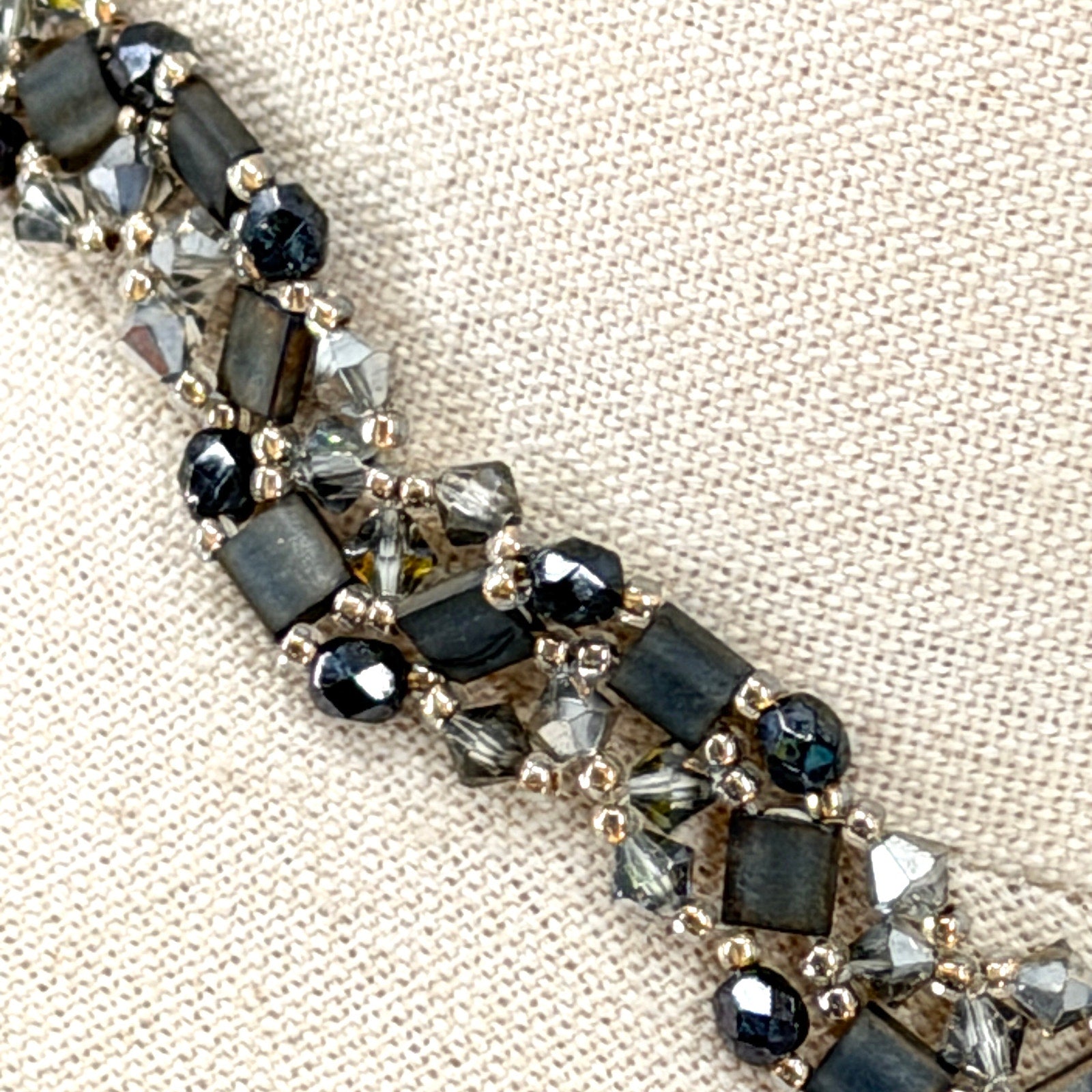 Vintage 90s Black Crystal Hand Beaded V Shape Statement Choker Necklace