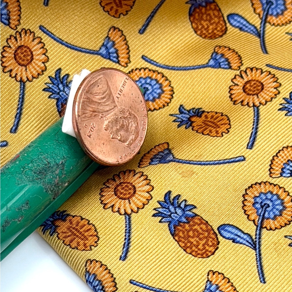 Longchamp Paris Yellow Silk Pineapple Sunflower Print Necktie