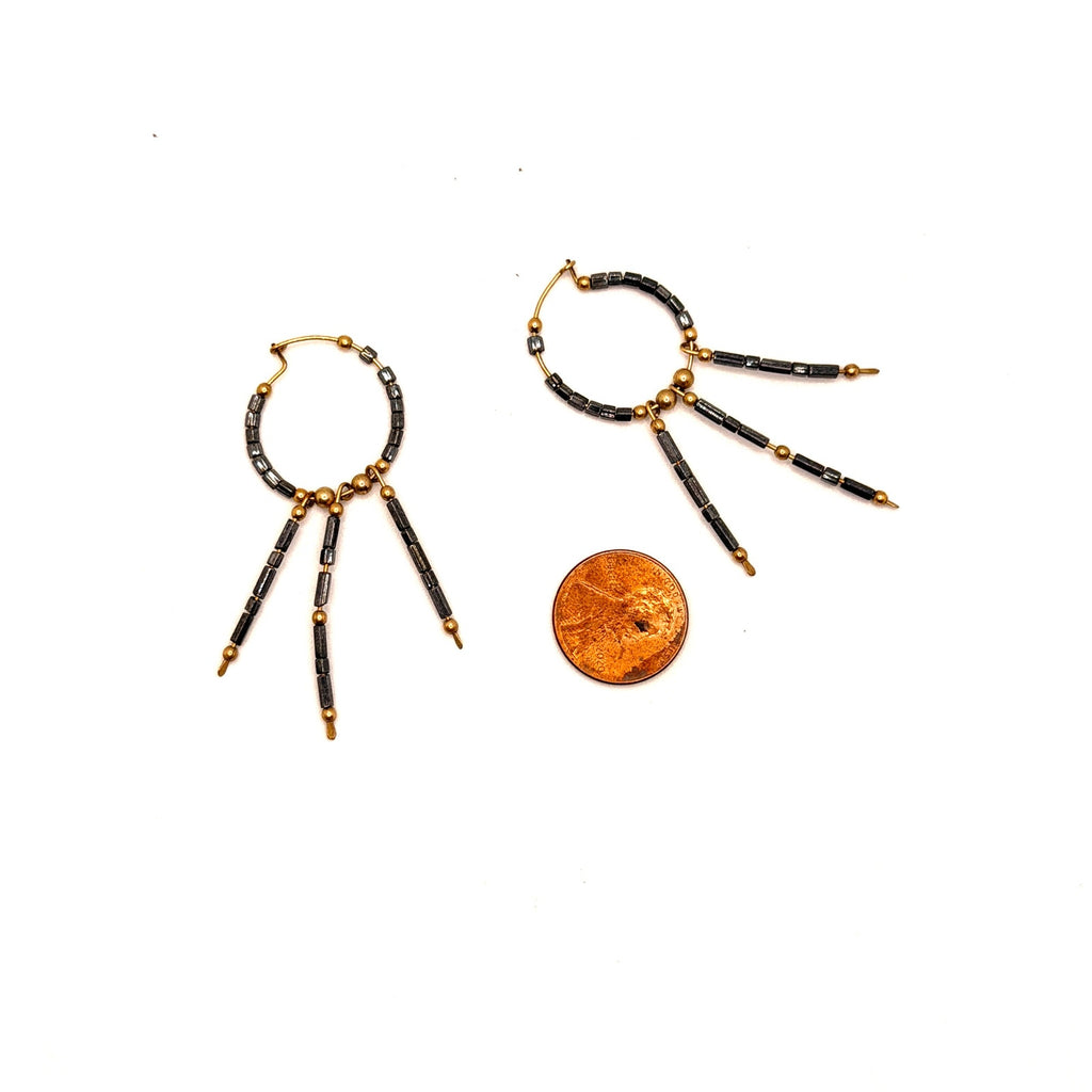 Vintage 90s Hematite Gold Toned Metallic Boho Fringe Hoop Earrings