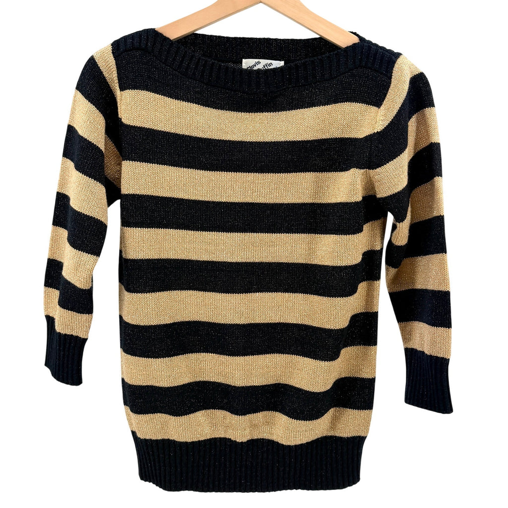 Vintage 80s Clovis Ruffin Black Gold Metallic Striped Boat Neck Knit Sweater
