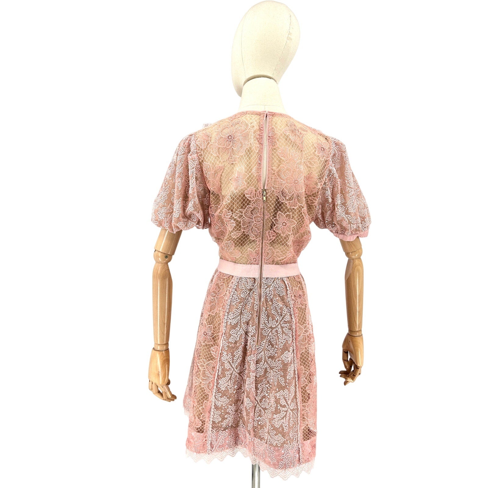 Self-Portrait Blush Pink Sequin Floral Lace Puff Sleeve Mini Dress