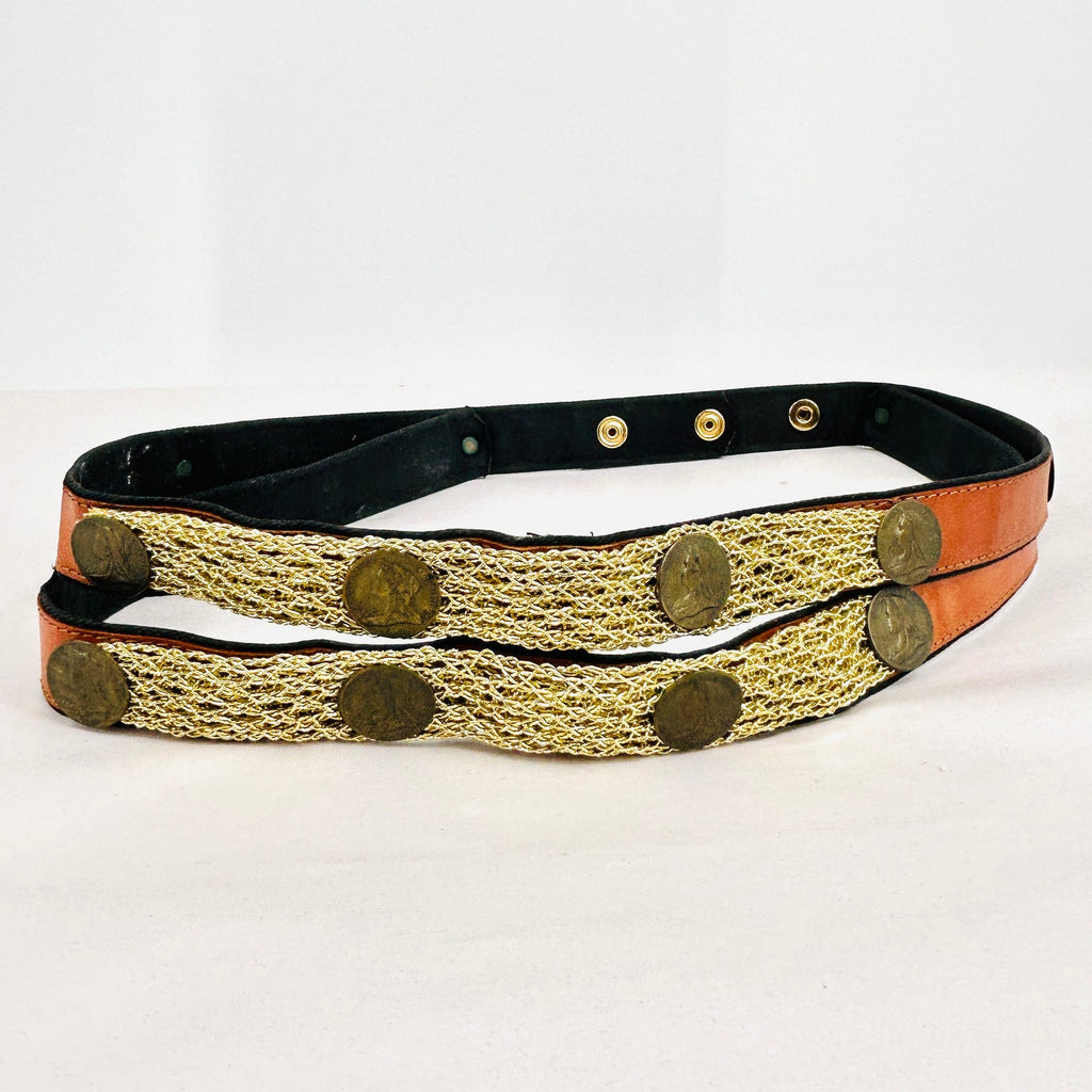 Vintage 80s Queen Victoria Coin Tan Faux Leather & Gold Mesh Belt