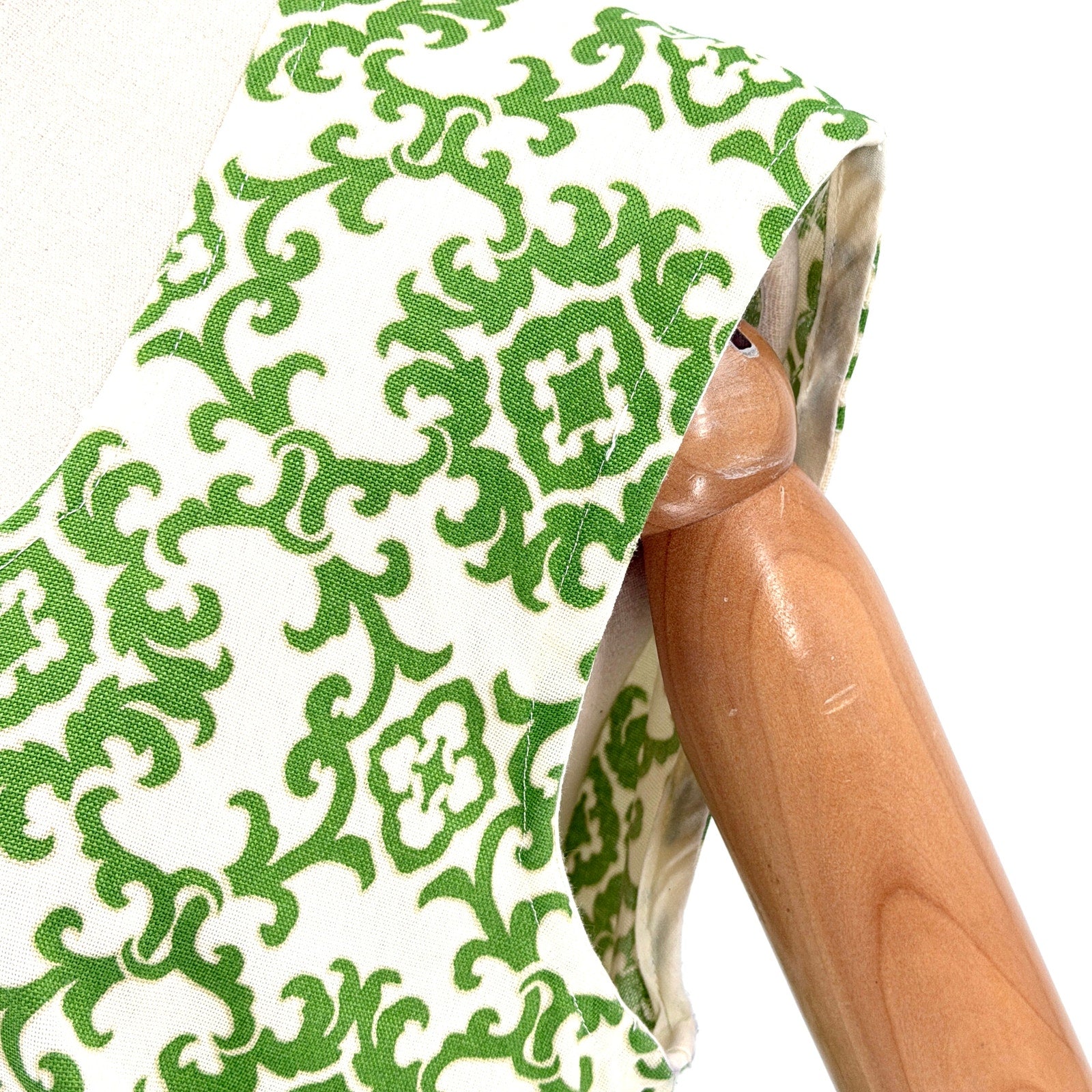 Vintage 70s Handmade Green White Damask 100% Cotton Shift Dress