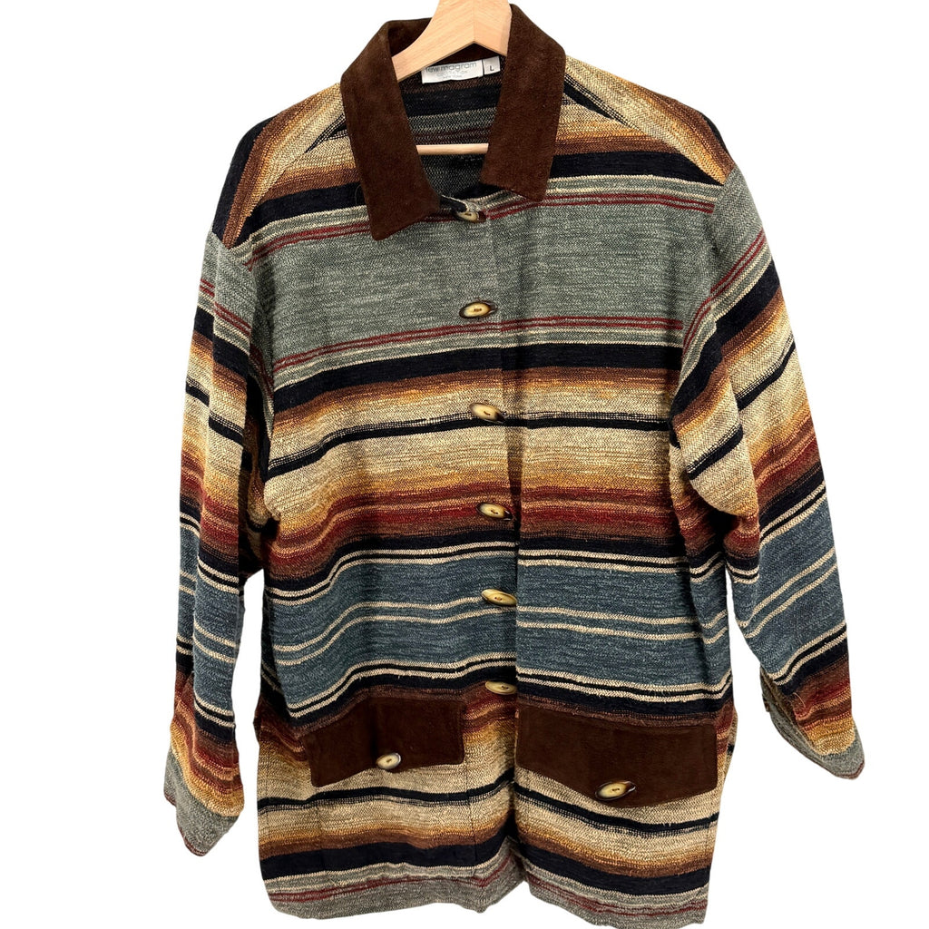 Vintage 90s Lew Magram Sage Green Striped Woven Suede Trim Shacket Jacket