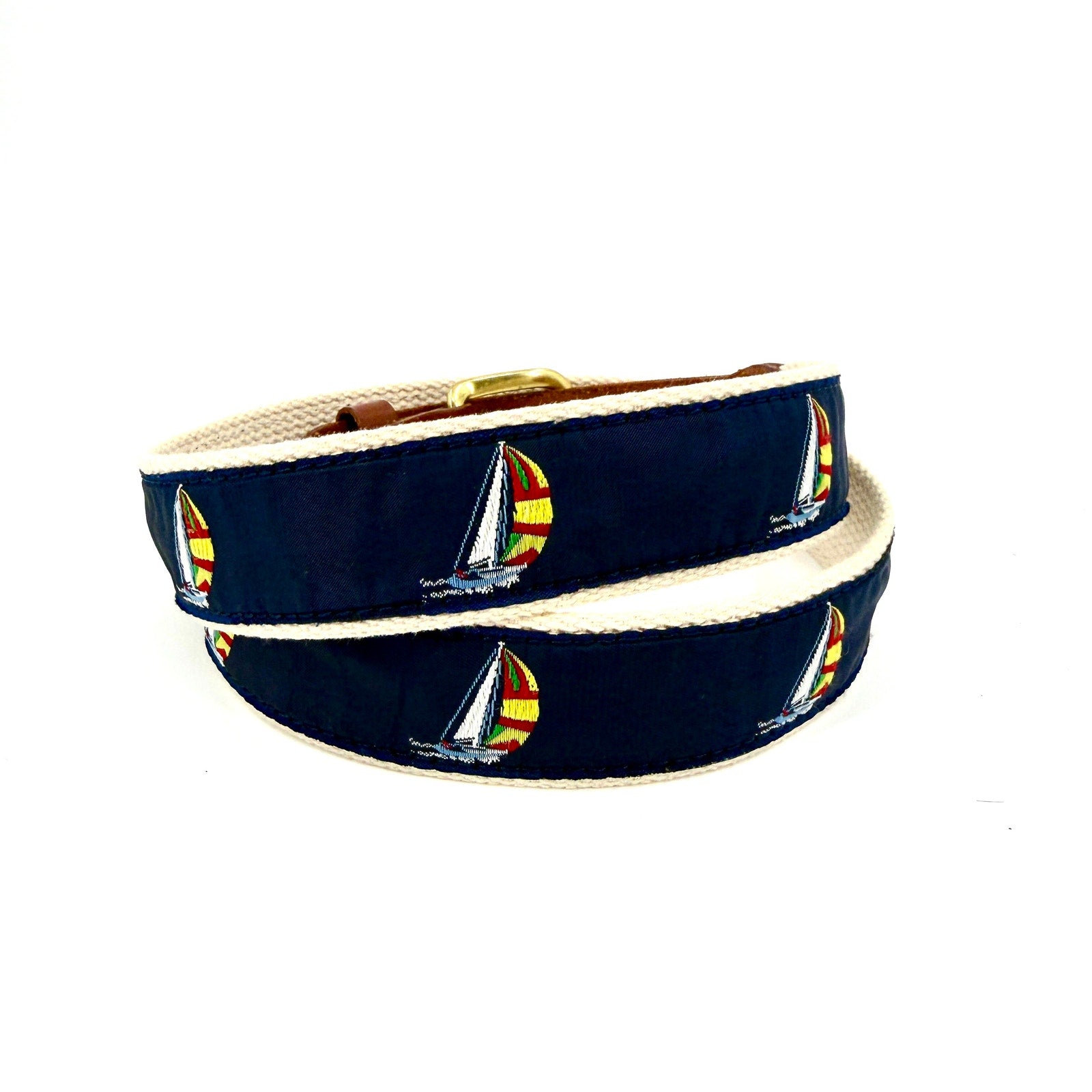 Leather Man Ltd Navy Tan Preppy Sailboat Belt