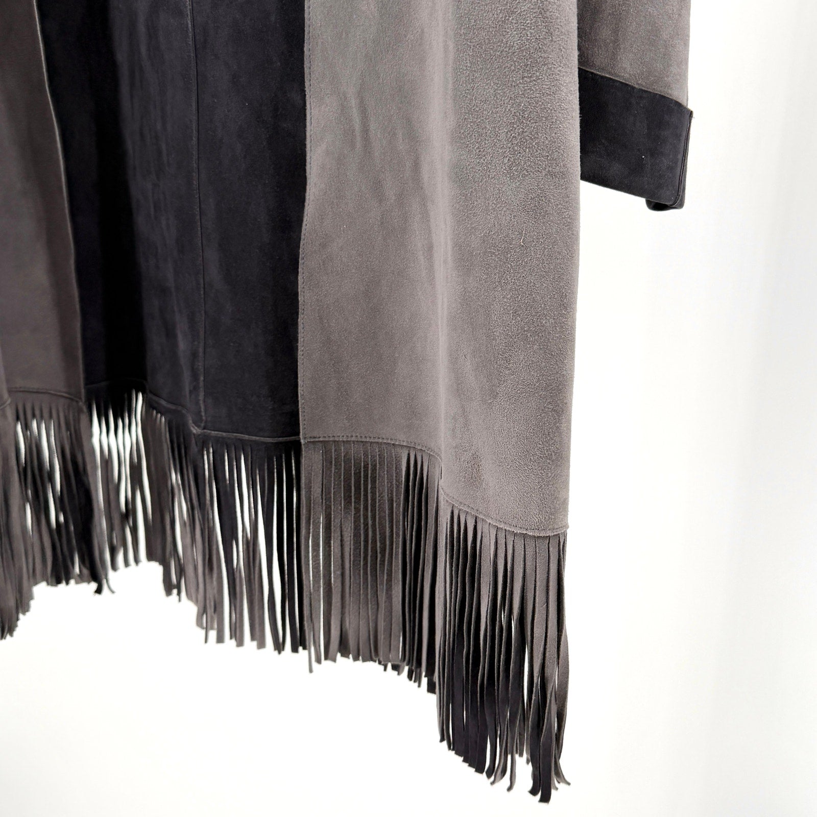Jigsaw Gray Dark Charcoal Reversible Genuine Suede Fringe Jacket