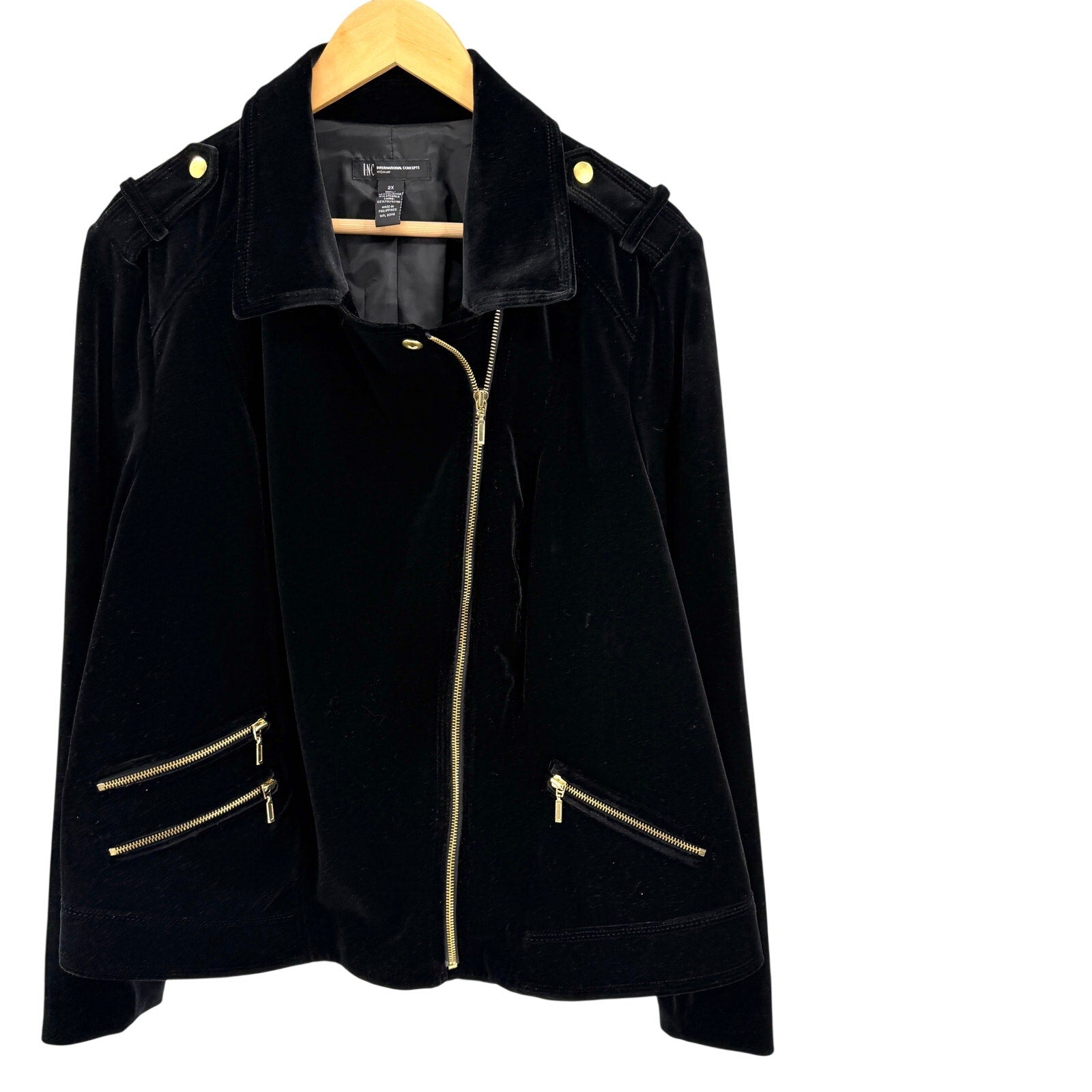 INC International Concepts Black Velvet Gold Hardware Moto Moto Jacket