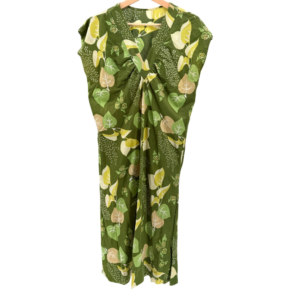 Vintage 70s Handmade Green Funky Leaf Print V-Neck Patio Midi Dress