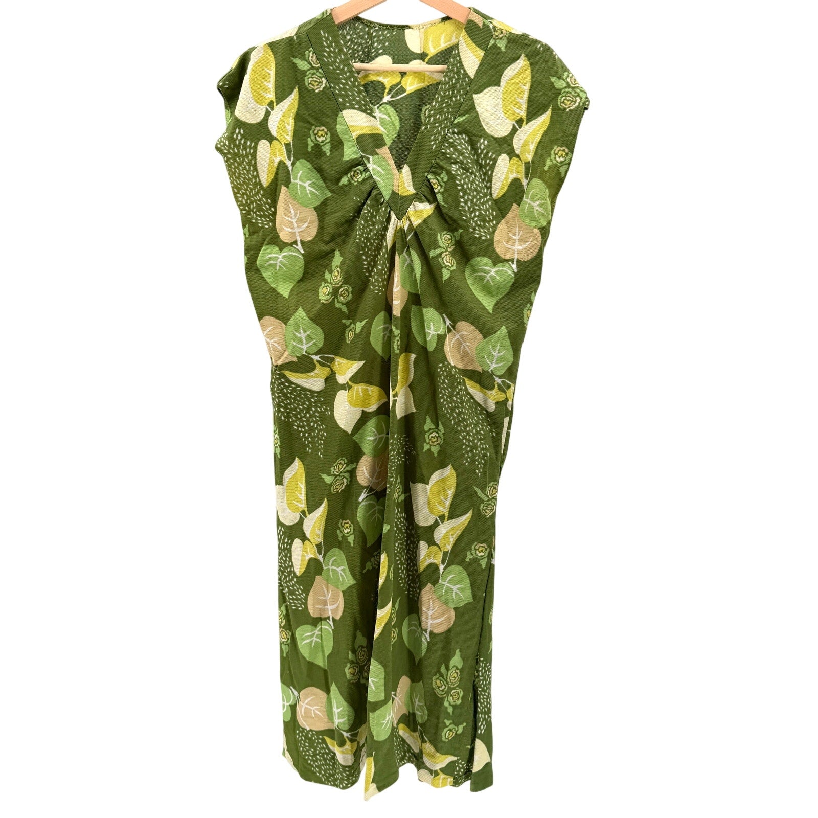 Vintage 70s Handmade Green Funky Leaf Print V-Neck Patio Midi Dress