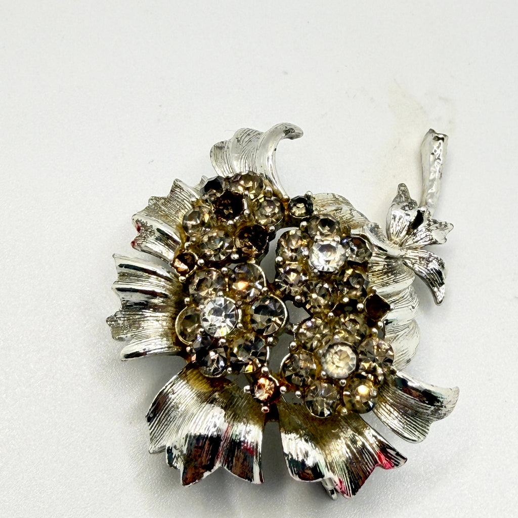 Vintage 60s Sarah Coventry Smoke Silver-tone Midcentury Stamped Floral Brooch