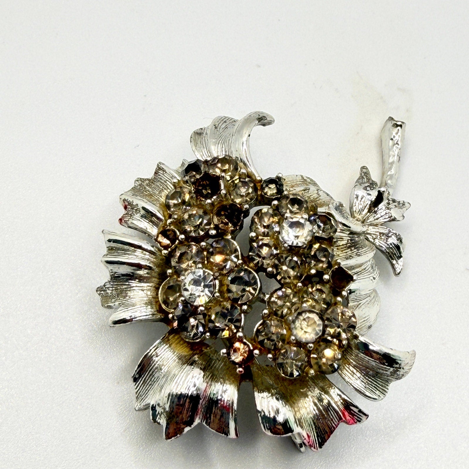Vintage 60s Sarah Coventry Smoke Silver-tone Midcentury Stamped Floral Brooch