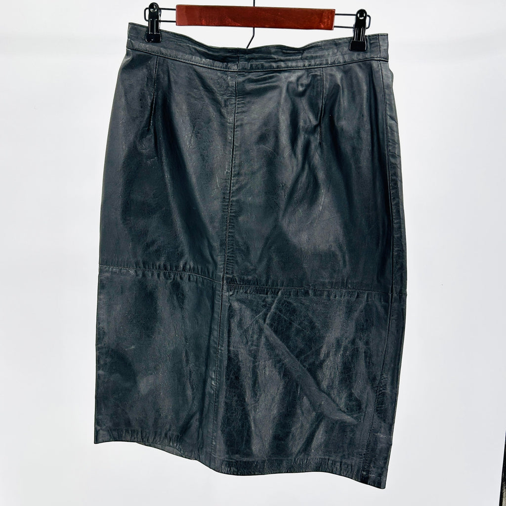 Vintage 80s Black Genuine Brazilian Leather High Waist Pencil Skirt