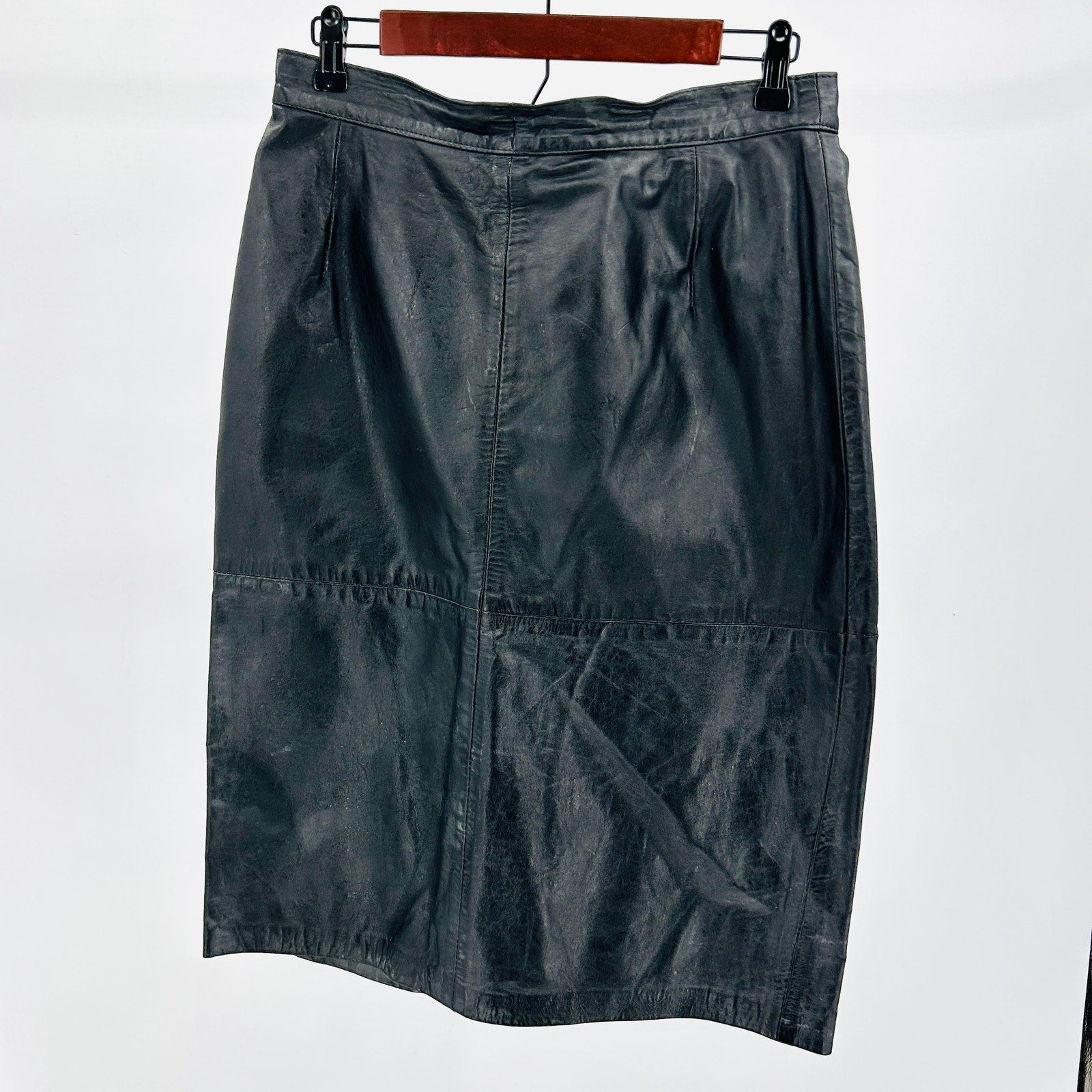 Vintage 80s Black Genuine Brazilian Leather High Waist Pencil Skirt