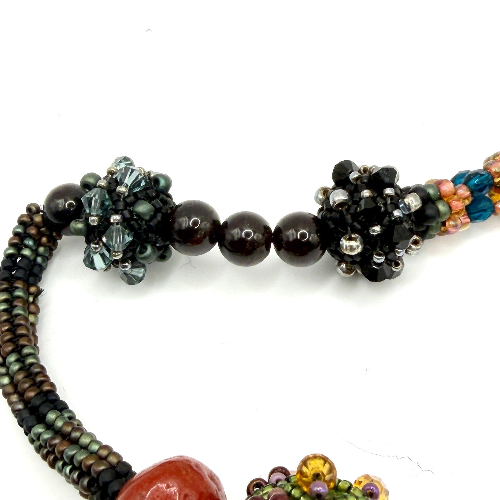 Vintage 90s Earthy Woven Seed Bead Crystal Focal Statement Loop Necklace