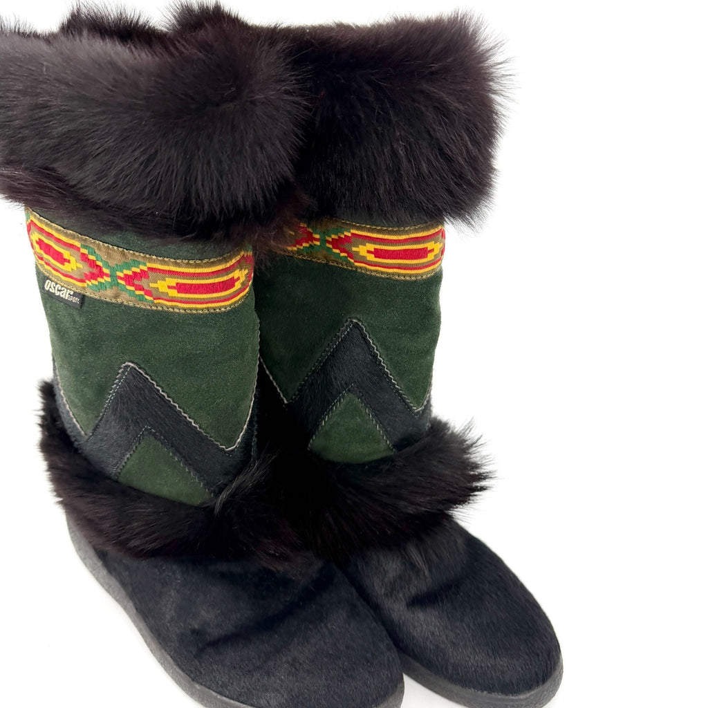 Vintage 90s Oscar Sport Green Suede Fur Trim Mukluk Boots