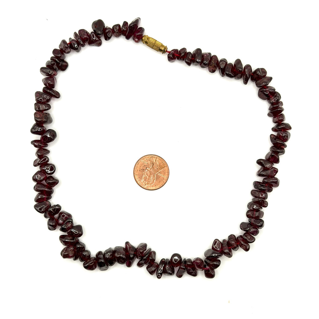 Vintage 90s Red Garnet Gemstone Chip Strand Barrel Clasp Necklace