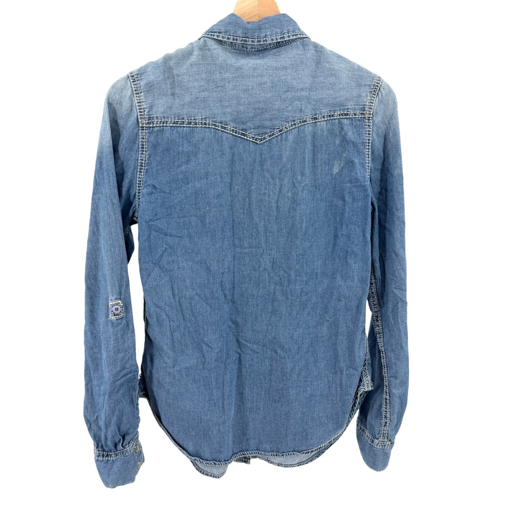 Seven For All Mankind Blue 100% Cotton Western Snap Roll Tab Chambray Shirt