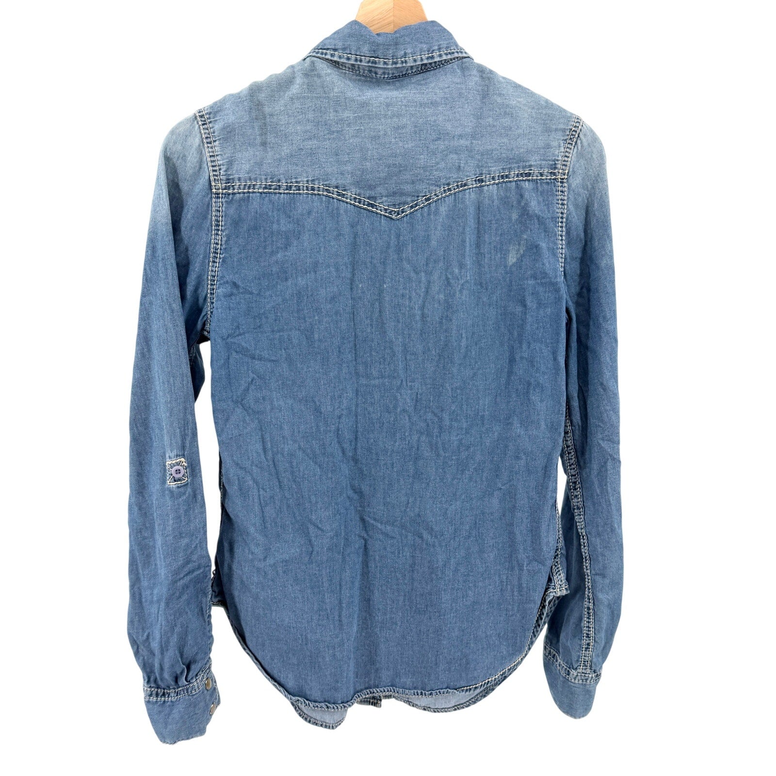 Seven For All Mankind Blue 100% Cotton Western Snap Roll Tab Chambray Shirt