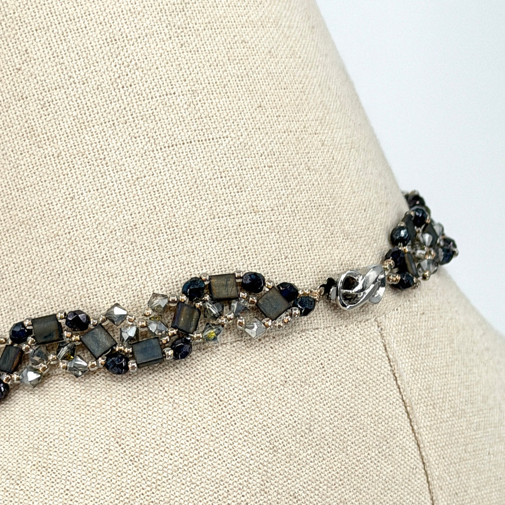 Vintage 90s Black Crystal Hand Beaded V Shape Statement Choker Necklace