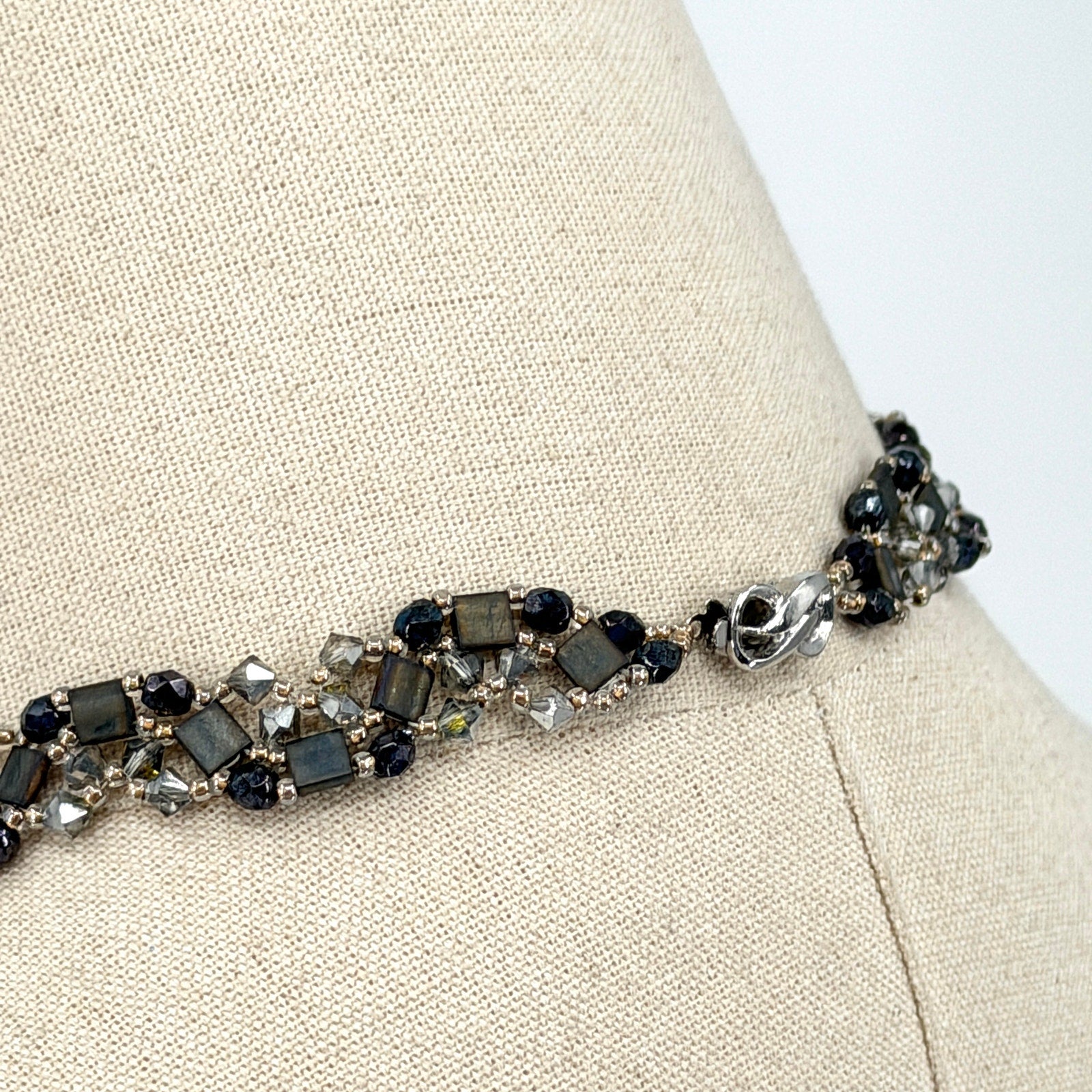 Vintage 90s Black Crystal Hand Beaded V Shape Statement Choker Necklace