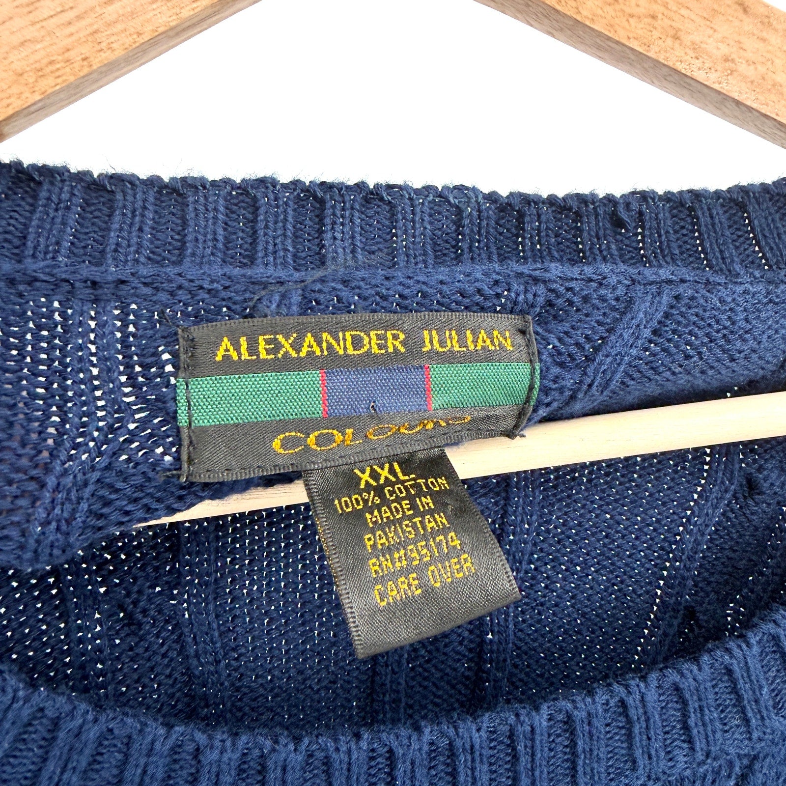 Vintage 90s Alexander Julian Colours Navy Blue 100% Cotton Cable Knit Sweater