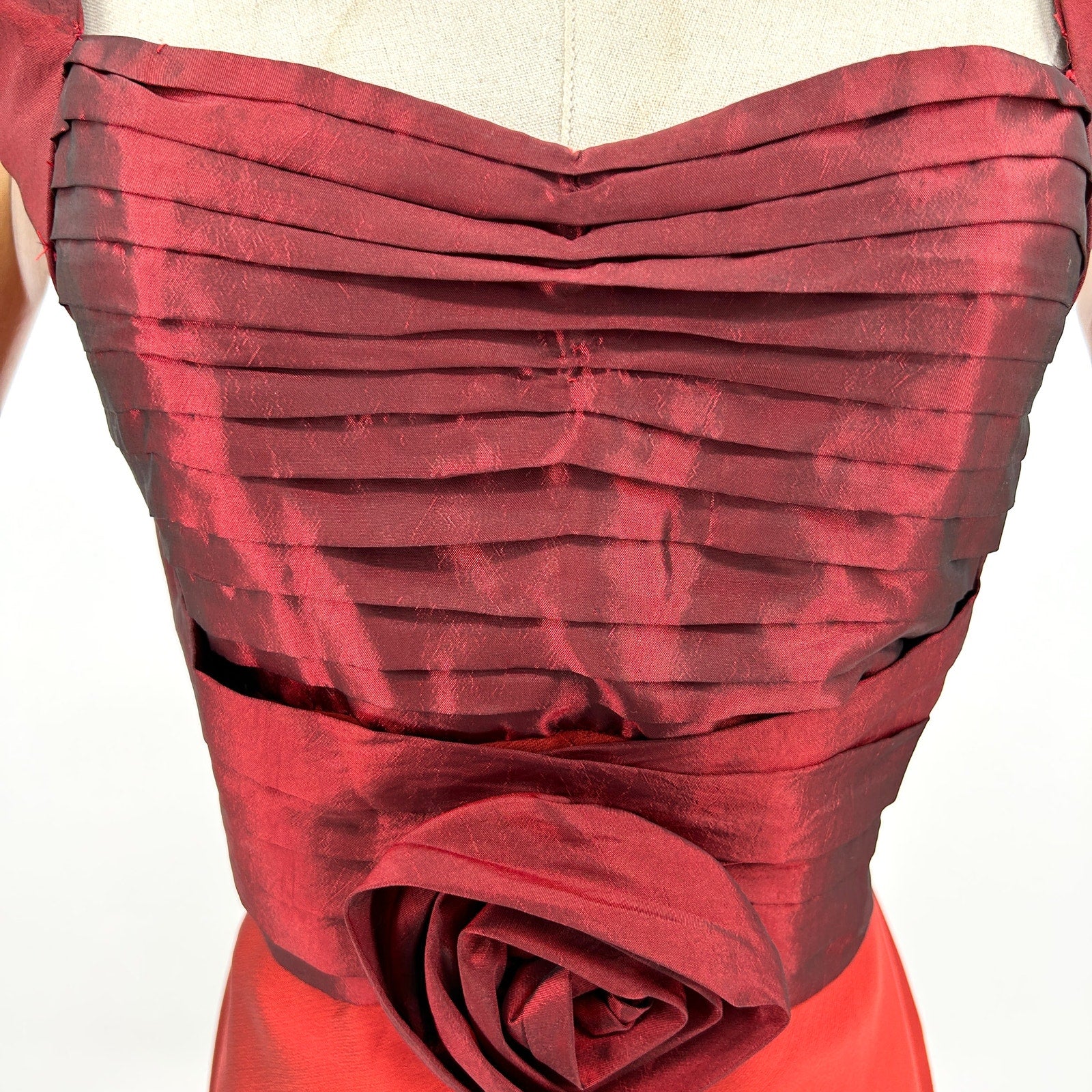 Vintage 50s Galatea Red Silk Iridescent Corset Rosette Midi Dress
