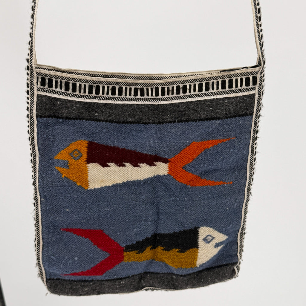 Vintage 90s Indigo Blue 100% Wool Boho Woven Fish Motif Shoulder Bag