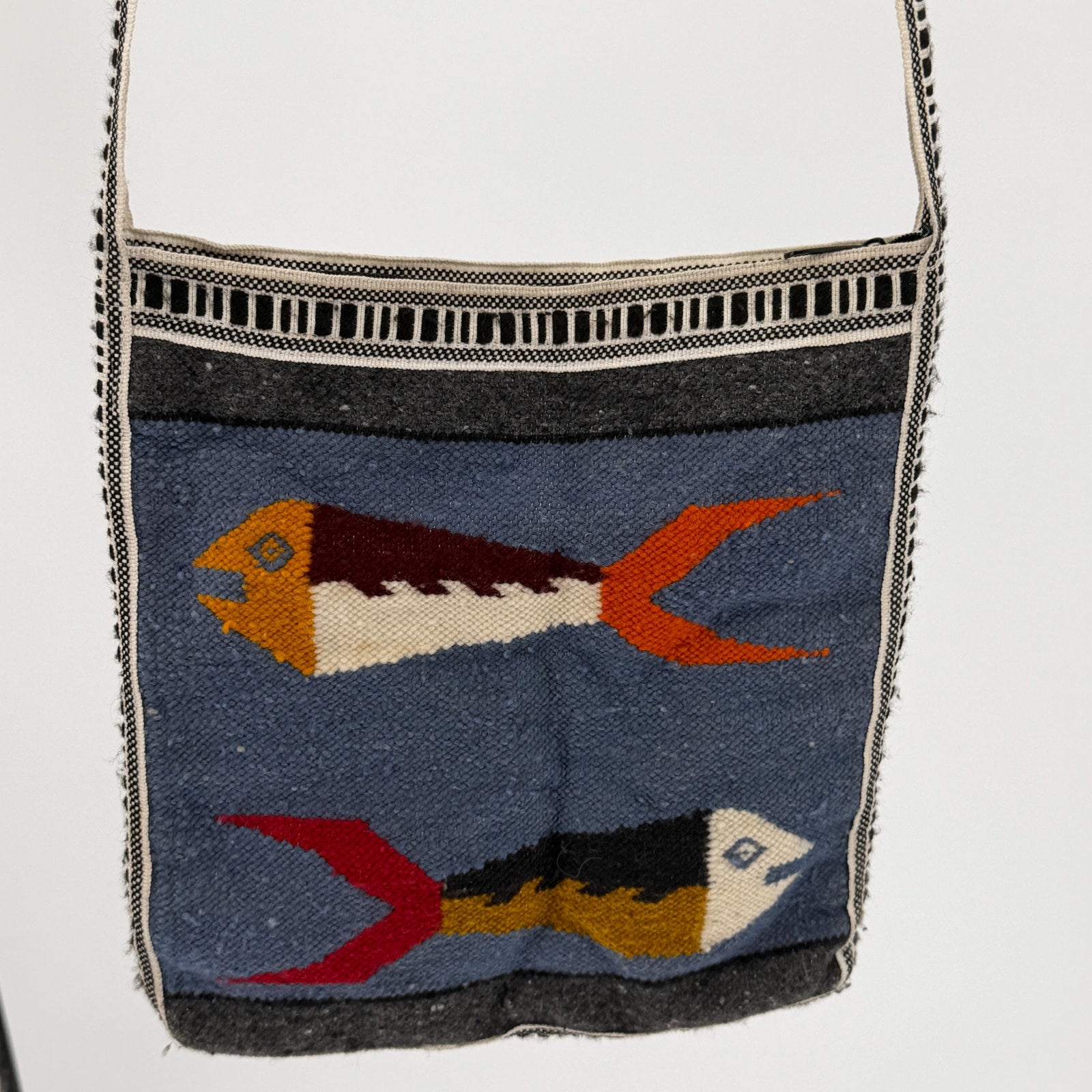 Vintage 90s Indigo Blue 100% Wool Boho Woven Fish Motif Shoulder Bag