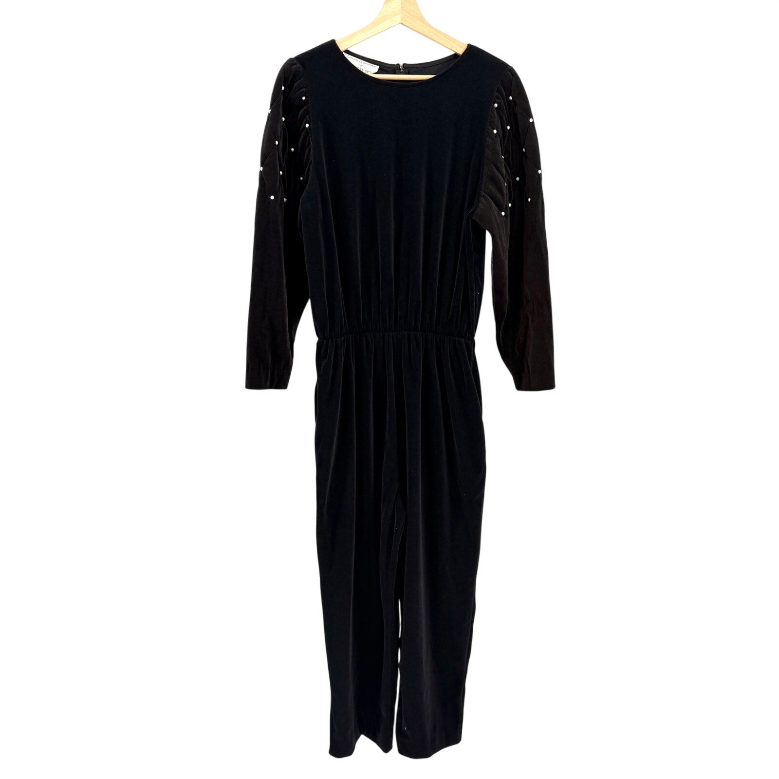 Vintage 80s Leigh Karmitz Periphery Black Velour Faux Pearl Jumpsuit