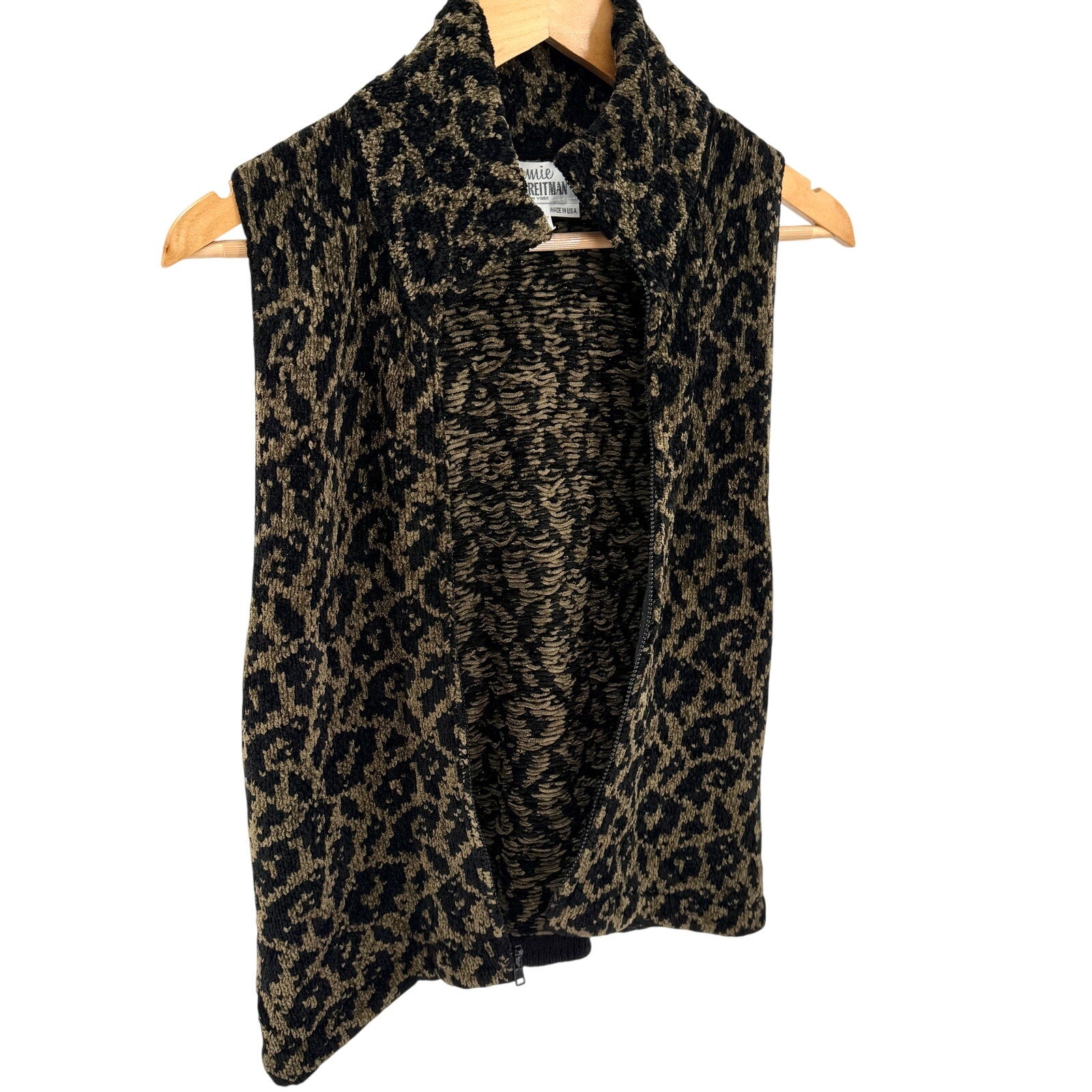 Vintage 90s Jamie Kreitman Olive Black Leopard Chenille Full Zip Sweater Vest