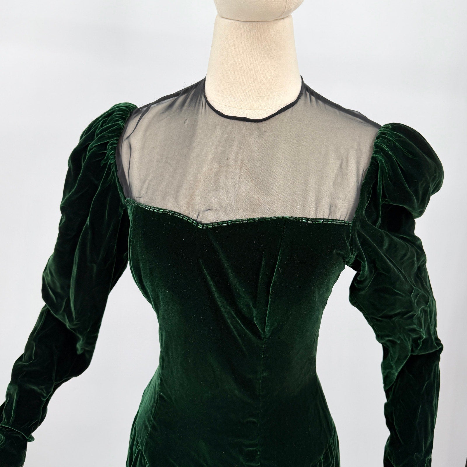 Vintage 80s Blanca Rubiera Original Green Velvet Sheer Mesh Formal Dress