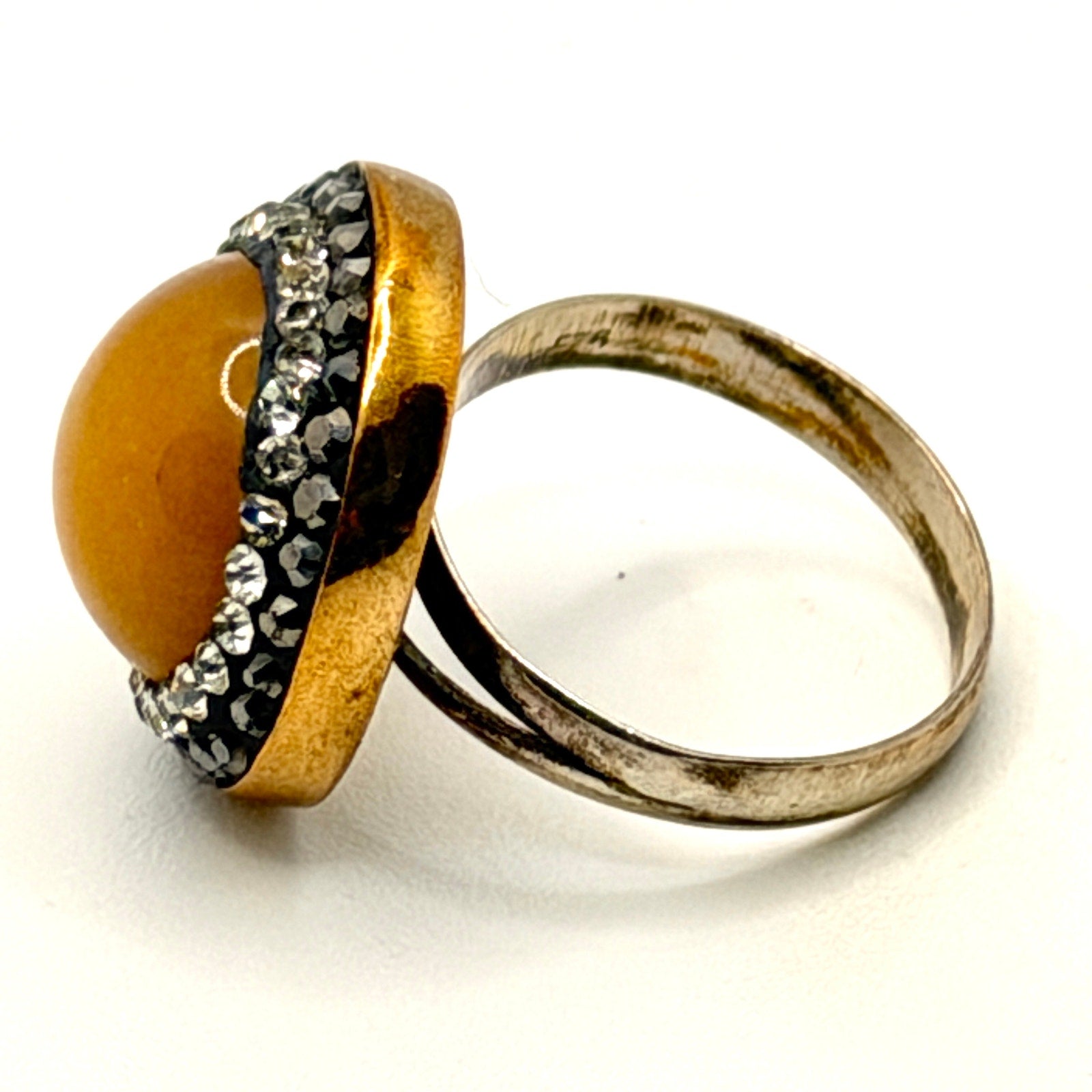 Vintage 90s Peach Moonstone Sterling Silver Pave Crystal Halo Cocktail Ring