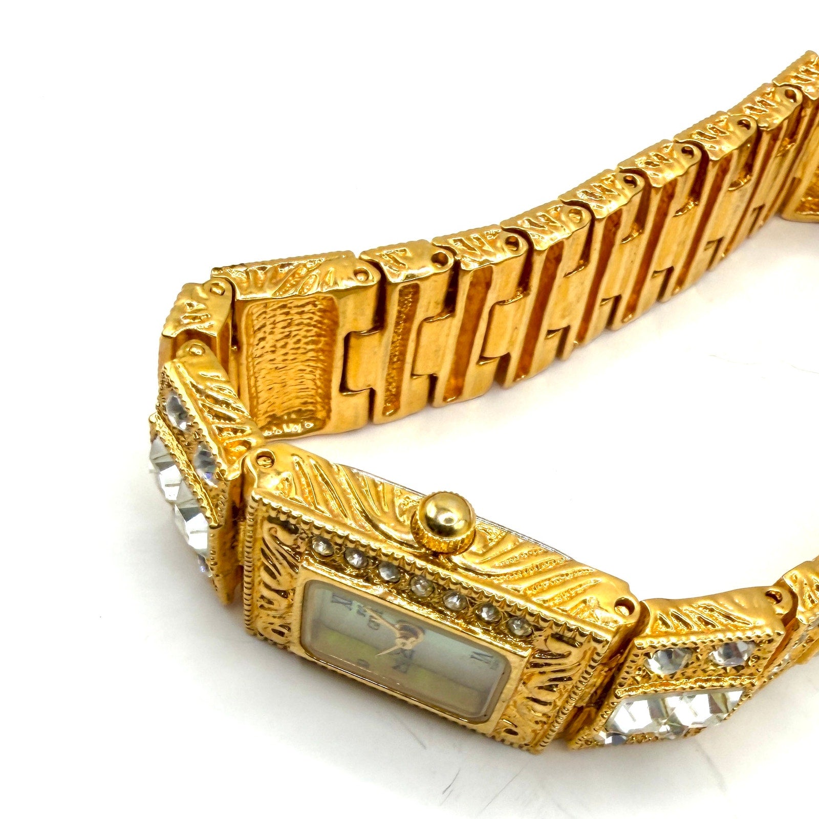 Vintage 80s Geneva One Mic Gold Faux Diamond Glam Cocktail Watch Bracelet