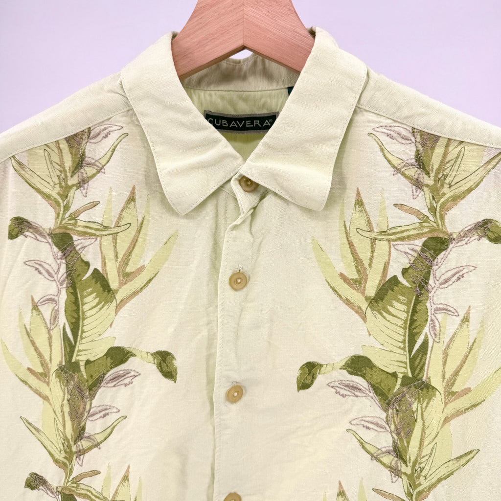 Cubavera Lime Green Tropical Linen Blend Embroidered Short Sleeve Button Down