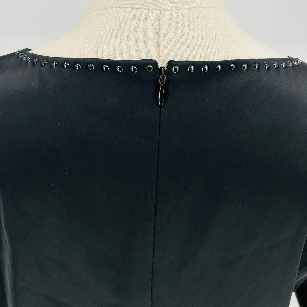 Elie Tahari Black Studded Satin Shift Dress with Silk Sleeves